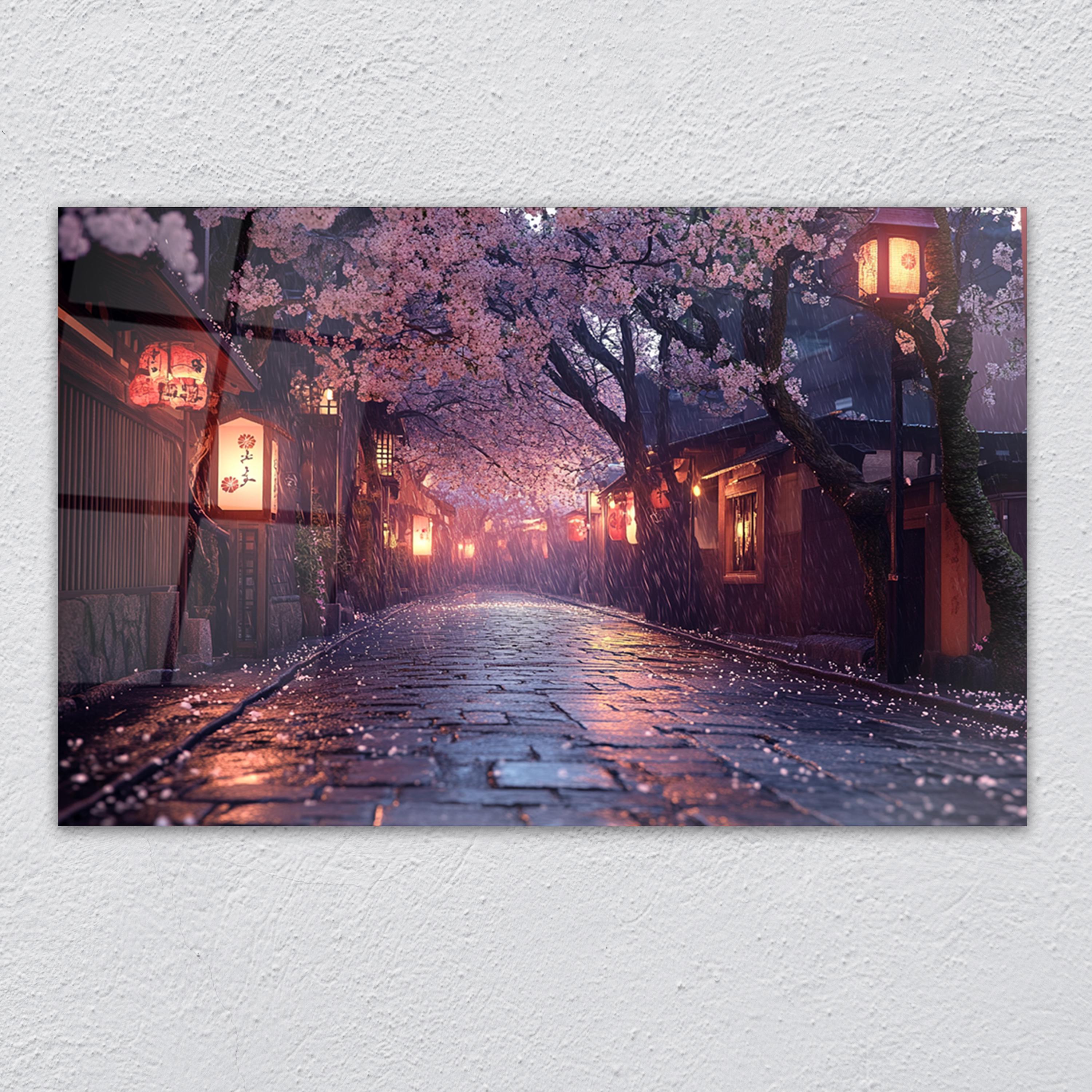 Japanese Sakura Street Glass Art, Kyoto Lantern Rain Print, Cherry