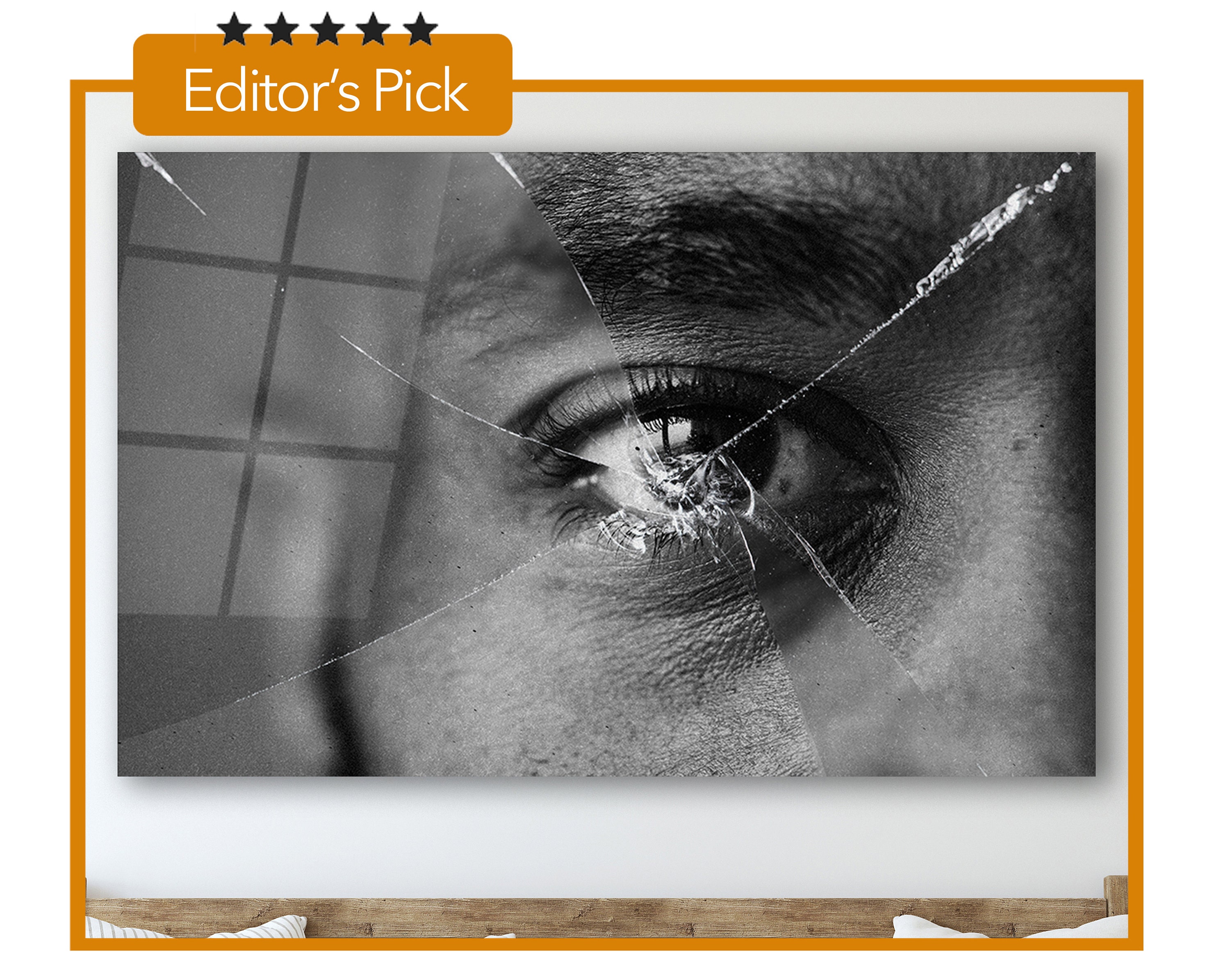 Cracked Glass Effect - Eyes Behind Broken Mirror - Glass Wall Art - Housewarming Gift- Interior Design Ideas- Home & Office Decoration