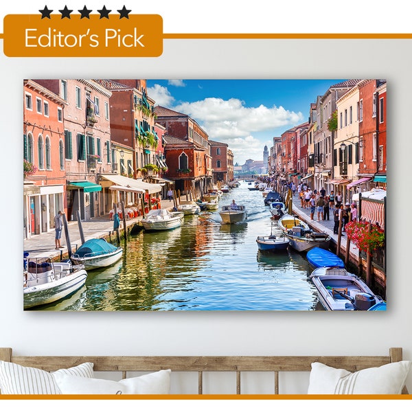 Venecia Glass Wall Art - Isla Murano en Venecia Italia - Vista al canal con barco - Regalo de calentamiento de la casa - Ideas de diseño de interiores - Hogar y oficina