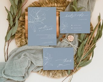 Minimalistische lichtblauwe huwelijksuitnodigingset, bewerkbare sjabloon (digitale download)