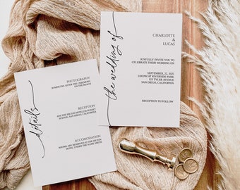 May include: Wedding invitation suite with a white background and black calligraphy. The invitation includes the names Charlotte and Lucas, the date September 22, 2025, and the location Riverside Park, San Diego, California. The details card includes information about the ceremony, reception, and accommodation.