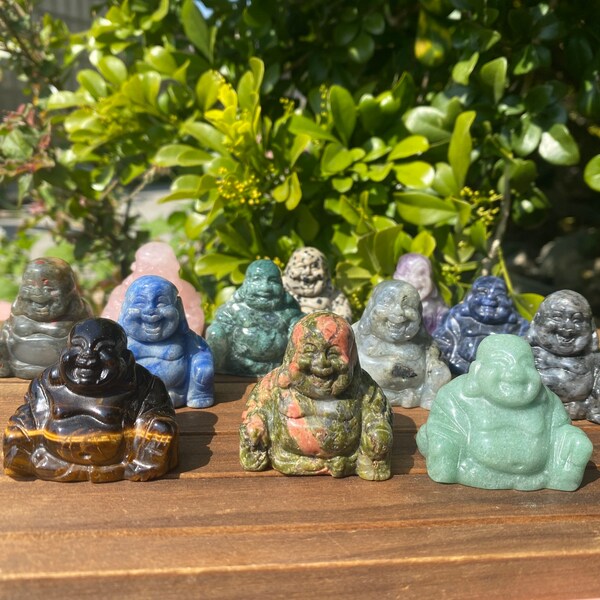 1.5'' Hand Carved Gemstone Buddha, Crystal Buddha Statue, Laughing Buddha, Reiki Healing, Home Decor, Crystal Gift