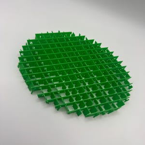 May include: A vivid green, oval plastic grid with a crosshatch design. The grid is formed by intersecting bars, creating numerous small square apertures. The object is set against a white backdrop.
