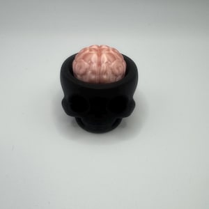 May include: A black skull-shaped container with a pink brain model inside. The skull has eye sockets and a smooth surface. The brain model is detailed and textured, and is a light pink colour.