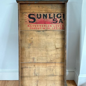 Gaveta de impressão tipográfica vintage | Caixa de arte popular antiga | Decoração de parede industrial rústica | Bandeja de impressora Sunlight Savon Belgium