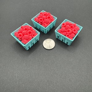 May include: Three miniature square light blue plastic baskets filled with small red raspberry replicas. A silver-colored United States quarter coin is positioned in the center between the baskets to provide a clear sense of scale for the items.