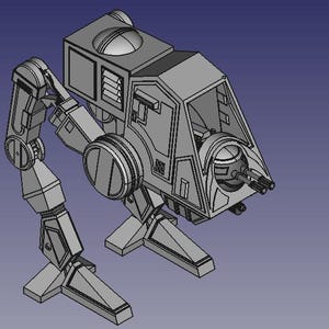 May include: A gray, mechanical walker with a cockpit and articulated legs, rendered in a 3D style. The design features a rounded body, a gun, and a boxy top section. The background is a solid blue.