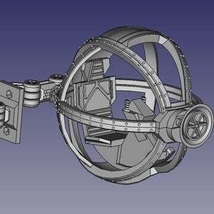 以下が含まれることがあります： 単一の座席と小さなエンジンを備えた球形のケージ付き車両の3Dモデル。車両は、車輪が付いた長い関節式アームに取り付けられています。