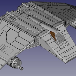May include: A gray, angular spacecraft model with detailed paneling and two engine nacelles. The cockpit features a brown interior. The design suggests a futuristic or science fiction theme, rendered against a blue background.
