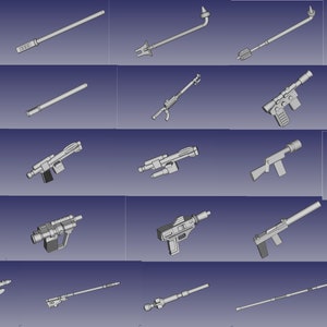 May include: A collection of 20 different 3D printed weapon models. The models are all in a light gray color and are arranged in rows on a blue background.