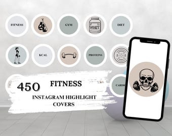 450 フィットネス Instagram ハイライト カバー | フィットネス コーチ ハイライト アイコン | Instagram ストーリー用の 5 つのニュートラルな背景に 90 のフィットネス イラスト