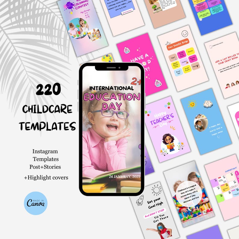 May include: 220 colorful Instagram templates for childcare, featuring a girl wearing glasses and a pink shirt, with the text "International Education Day" and "24 January, 2025".