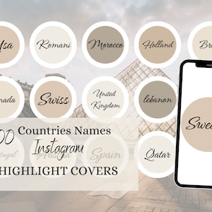 Puede incluir: Un conjunto de 100 cubiertas de resaltado de Instagram con nombres de países en un estilo minimalista. Las cubiertas son beige y marrón con texto negro. El texto incluye "Usa", "Romani", "Marruecos", "Holanda", "Brasil", "Canadá", "Suiza", "Reino Unido", "Líbano", "Suecia", "Portugal", "España", y "Qatar".