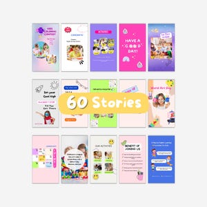 May include: A collage of 12 colorful Instagram story templates for kids. The templates feature various themes, including art, learning, and play. The text on the templates includes phrases like "Kids Coloring Contest", "Set your Goal High", "Have a Good Day", and "World Art Day".