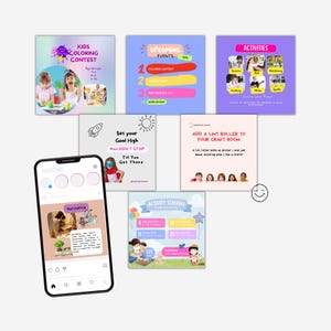 May include: A colorful Instagram post promoting a kids' coloring contest. The post includes a photo of a child coloring, a list of upcoming events, and a schedule of activities. The text on the post includes the words "Kids Coloring Contest", "Upcoming Events", "Activity Schedule", and "Activities".