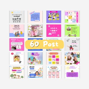 May include: A collage of colorful images promoting a preschool or daycare. The images include a welcome back to school message, a calendar, a list of activities, a coloring contest, and a parent testimonial.