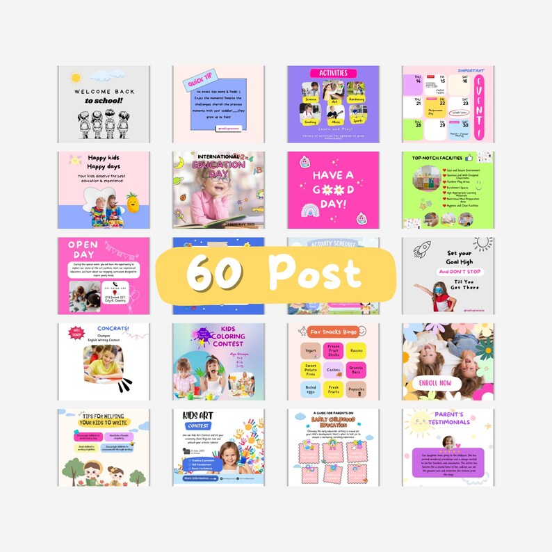 May include: A collage of colorful images promoting a preschool or daycare. The images include a welcome back to school message, a calendar, a list of activities, a coloring contest, and a parent testimonial.