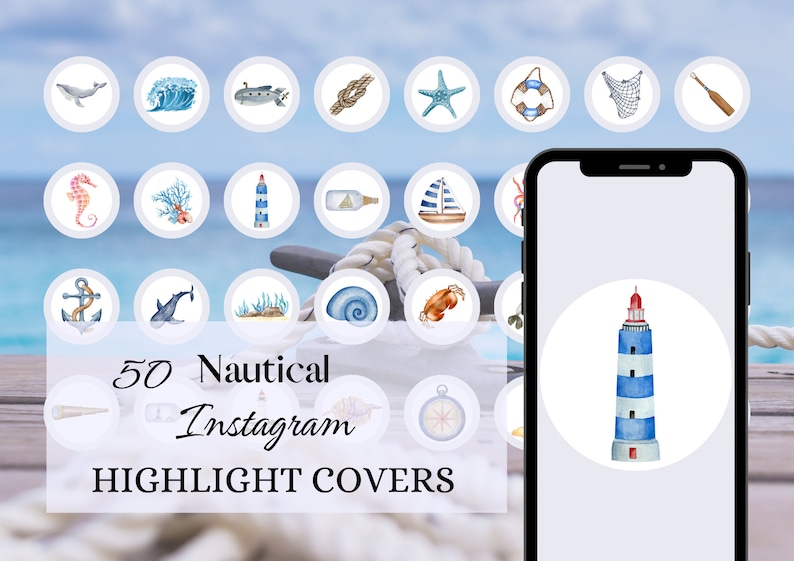 Watercolor Nautical Instagram Highlight Icons Watercolor illustrations Instagram Story Highlight Covers sea maritime Blogger Summer Icons image 1