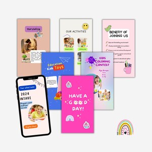 May include: A collage of colorful images promoting a children's education program. The images include a phone screen with the text "2024 Intake", a pink card with the text "Have a Good Day!" and a blue card with the text "Education Kids Toys".