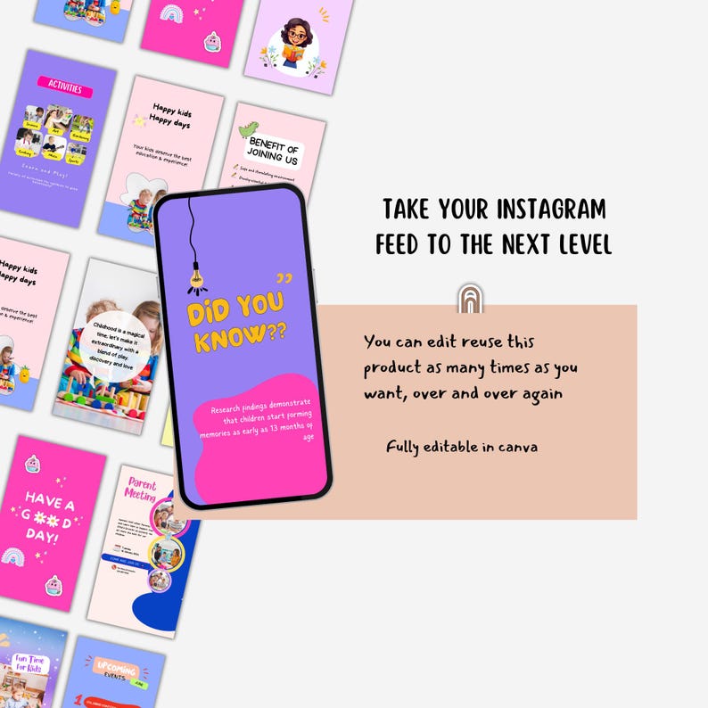 May include: A phone screen displaying a purple and pink graphic with the text "Did you know?" and a lightbulb icon. The graphic includes the text "Research findings demonstrate that children start forming memories as early as 13 months of age." The phone is on a pink and purple background with other graphics in the background.