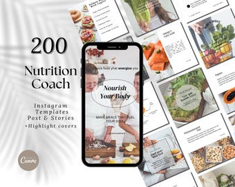 200 Nutrition Coach Instagram Posts&Stories Templates |Wellness Templates |Highlight Covers |Nutritionist Social Media Posts|Canva Templates