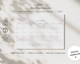 Printable Calendar 2024 | Monthly Planner 2024 | A4, Letter, A3 | Landscape | Monday & Sunday Start | Minimalist | Download | Digital PDF