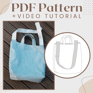 Easy Shopping Bag Sewing PDF Pattern with step-by-step tutorial video. Easy bag sewing pattern