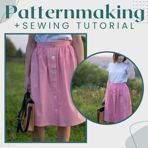 Könnte beinhalten: Ein rot-weiß gestreifter Rock mit Knopfleiste vorne. Der Rock ist knielang und hat eine geraffte Taille. Der Rock wird von einer Person auf einem Feld getragen.