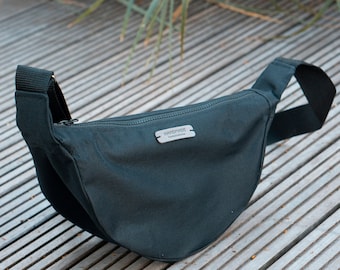 Black canvas crossbody bag for men and for women with zipper and long strap