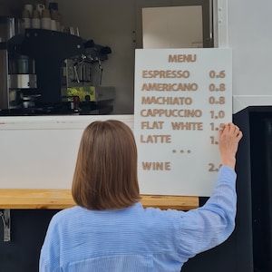 Quadro de menu para cafeteria, quadro de letras, menu de padaria, menu de bar, menu mutável, quadro de lista de preços, exibição de menu, ladrilhos de letras, decoração de parede