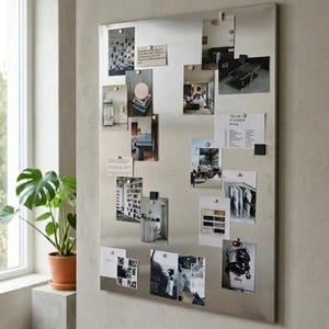 Könnte beinhalten: Eine rechteckige, silberfarbene magnetische Memotafel aus Metall, an der verschiedene Fotos, gedruckte Notizen und Textausschnitte mit kleinen runden Magneten befestigt sind. Die Tafel zeigt diverse Bilder, darunter Innenansichten.