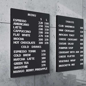 Pizarra magnética negra con letras de madera: elegante y personalizable para tu cafetería o bar. Menú único con letras que cambian fácilmente.