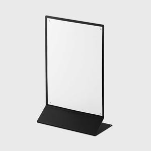 May include: Black metal sign holder with a blank white sign. The sign holder has a rectangular base and a vertical frame.