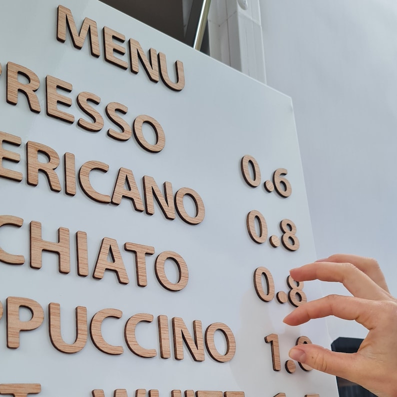 Menu board. Easily changeable metal menu board with wooden letters on magnets. Menu display for coffee shops, bars, bakeries. zdjęcie 9