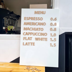 Menu board. Easily changeable metal menu board with wooden letters on magnets. Menu display for coffee shops, bars, bakeries. zdjęcie 4