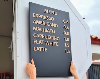 Menu board. Easily changeable metal menu board with wooden letters on magnets. Menu display for coffee shops, bars, bakeries.