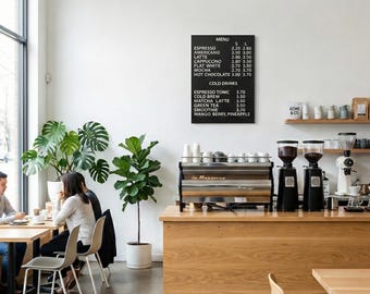May include: A coffee shop interior with a wooden counter, espresso machine, and a menu board listing coffee drinks and prices. Customers are seated at tables, and plants add a touch of greenery.