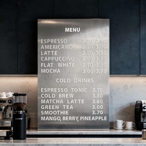 Könnte beinhalten: Eine Menütafel aus Edelstahl mit einer Liste von Kaffee- und Kaltgetränken. Die Speisekarte umfasst Espresso, Latte, Cappuccino und Mokka, mit Preisen für kleine und große Größen. Kaltgetränke umfassen Espresso Tonic und Smoothies.