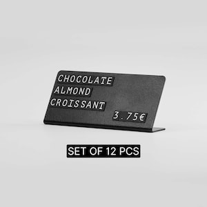 Juego de etiquetas de precio de metal negro con letras magnéticas intercambiables para panaderías, cafeterías y productos artesanales. Letreros para mostrador - Juego de 12.