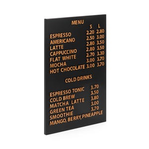 Menú para cafeterías. Tablero de menú para montar en la pared con letras de madera sobre imanes. Juego personalizable para una presentación elegante. Menú perfecto para panadería.