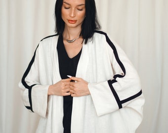 Long linen white and black cardigan