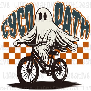 Peut inclure: Illustration en noir et blanc d'un fant&ocirc;me &agrave; v&eacute;lo. Le fant&ocirc;me est drap&eacute; d'un drap blanc, avec le texte "CYCO PATH" au-dessus. Un motif &agrave; carreaux orange et marron est derri&egrave;re le fant&ocirc;me.