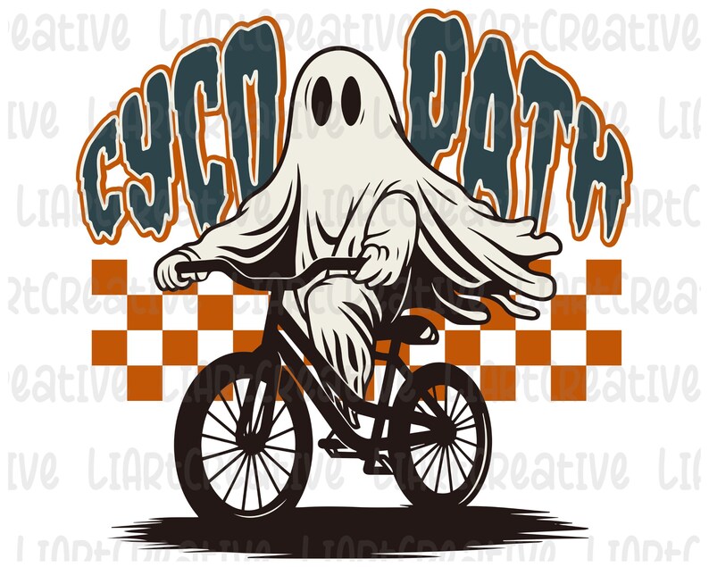 Peut inclure: Illustration en noir et blanc d'un fant&ocirc;me &agrave; v&eacute;lo. Le fant&ocirc;me est drap&eacute; d'un drap blanc, avec le texte "CYCO PATH" au-dessus. Un motif &agrave; carreaux orange et marron est derri&egrave;re le fant&ocirc;me.