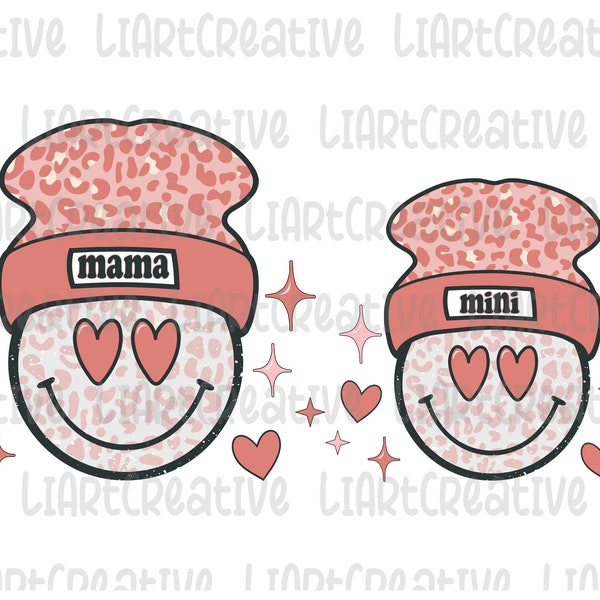 Valentines Mama and Mini Smile Beanie 2 PNG Files , Mama Mini  Valentines Day Sublimation png Design, Valentines Smiled Happy Face png