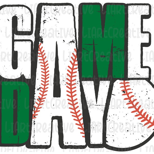 Baseball Game Day Green And White PNG File, Baseball Retro Png Sublimation Design, Baseball png design, Game Day PNG