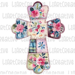 以下が含まれることがあります： ピンク、ブルー、グリーンの色合いの花柄の入ったパッチワーク生地でできた十字架の水彩画。十字架は赤いステッチで縁取られています。