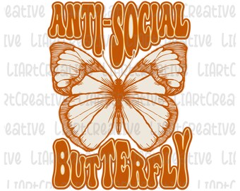 Papillon antisocial PNG, papillon Sublimation PNG Design, papillon rétro Boho PNG design
