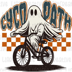 Peut inclure: Illustration en noir et blanc d'un fant&ocirc;me &agrave; v&eacute;lo. Le fant&ocirc;me est drap&eacute; d'un drap blanc, avec le texte "CYCO PATH" au-dessus. Le fond pr&eacute;sente un motif &agrave; carreaux orange et blanc.