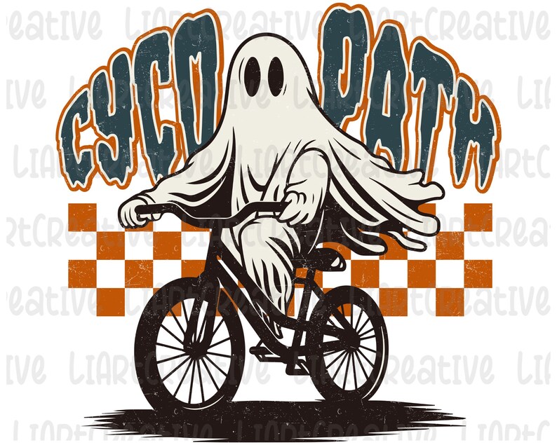 Peut inclure: Illustration en noir et blanc d'un fant&ocirc;me &agrave; v&eacute;lo. Le fant&ocirc;me est drap&eacute; d'un drap blanc, avec le texte "CYCO PATH" au-dessus. Le fond pr&eacute;sente un motif &agrave; carreaux orange et blanc.