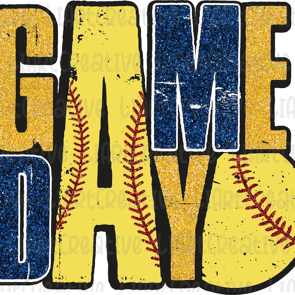 Softball Game Day Navy Blue Gold Glitter PNG File, Softball Retro Png Sublimation Design, Softball png design, Game Day PNG